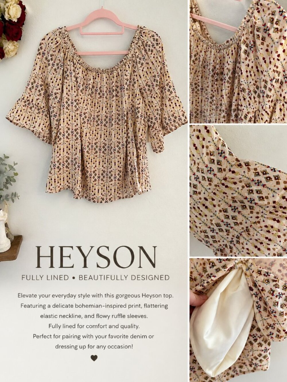 Heyson Boho Printed Top – Fully Lined | Flowy & Feminine